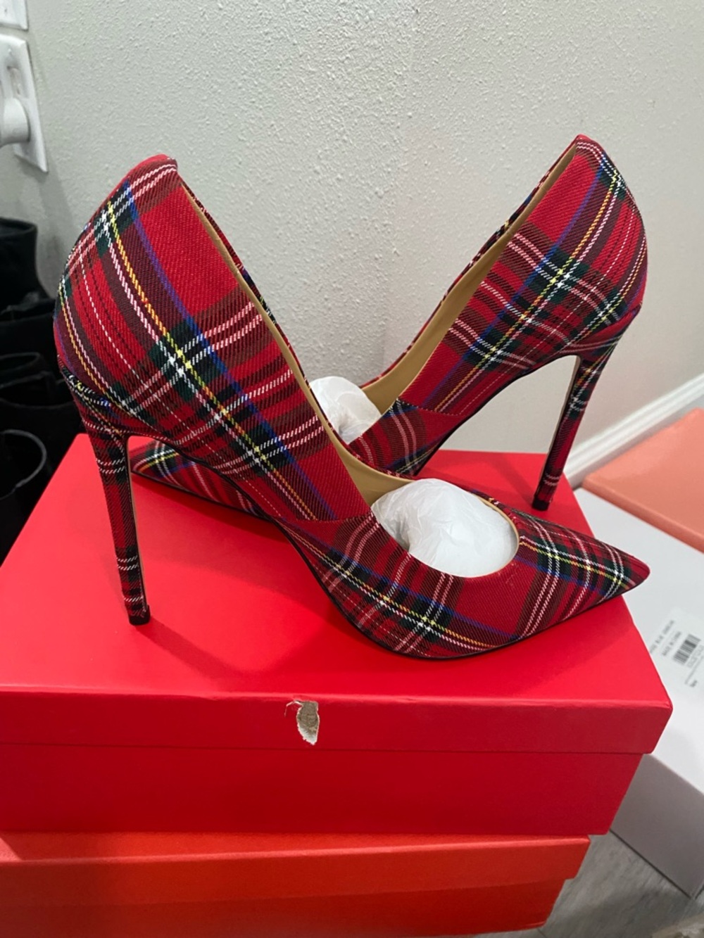 Red Plaid Pointed-Toe Stiletto Pumps